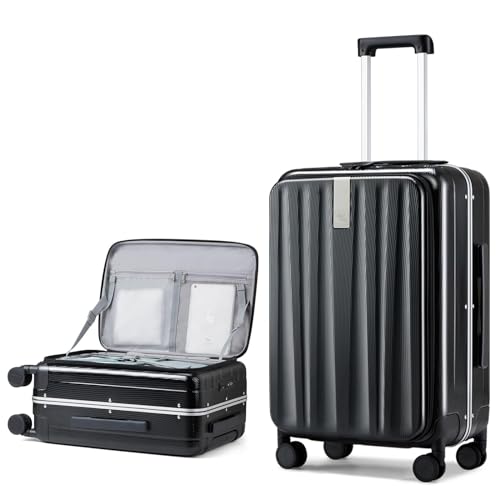 Hanke 26 Inch Checked Luggage PC Hard Shell Suitcases for Travel Front Opening Aluminum Frame Tsa Luggage Rolling Suitcase with Wheels.(Jet Black)