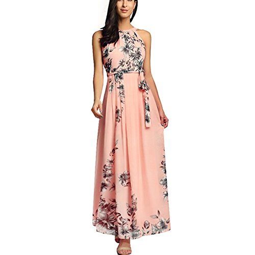 Afoxsos Women Floral Print Plus Size Maxi Dress Bohemia Halter Neck Chiffon Casual Dress