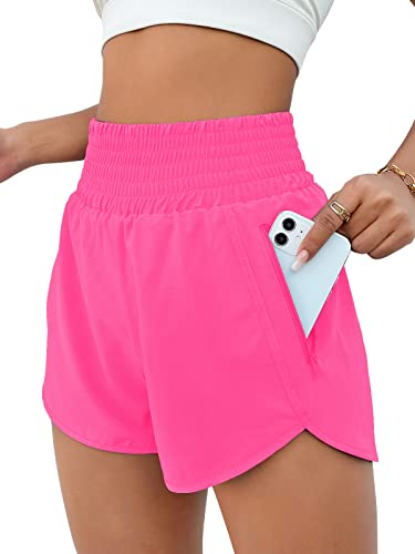 BMJL Women's Athletic Shorts High Waisted Running Shorts Pocket Sporty Shorts Gym Elastic Workout Shorts(L,Hot Pink)