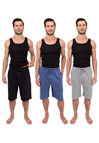 Andrew Scott Men's 3 Pack Soft & Light Cotton Drawstring Yoga Lounge & Sleep Jam Shorts/Jersey Shorts with Pockets (3 Pack -Black/Denim/Grey, XL 40-42)