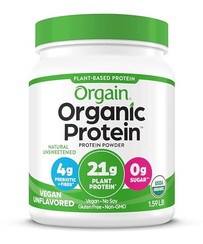 Orgain Organic Vegan Protein Powder, Natural Unsweetened - 21g of Plant Protein, 4g Prebiotic Fiber, Low Net Carbs, No Lactose Ingredients, No Added Sugar, Non-GMO, For Shakes & Smoothies, 1.59 lb