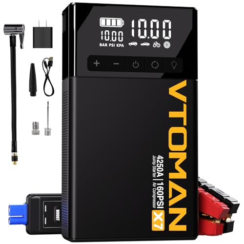 VTOMAN X7 Jump Starter with Air Compressor, 4250A Portable Car Jumper with 160PSI Digital Tire Inflator,12V Lithium Battery Charger Booster Box