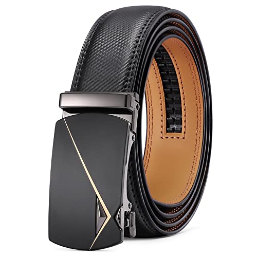 SENDEFN Leather Belt for Men Automatic Ratchet Buckle Slide Dress Casual Belts 1 3/8'' Wide Adjustable Trim to Fit(Black-47)