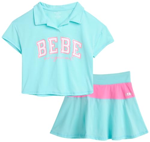 bebe Girls' Active Skirt Set - 2 Piece Short Sleeve Shirt and Scooter Skort - Cute Summer Tennis Outfit for girls (4-12), Size 1012, Blue Spa