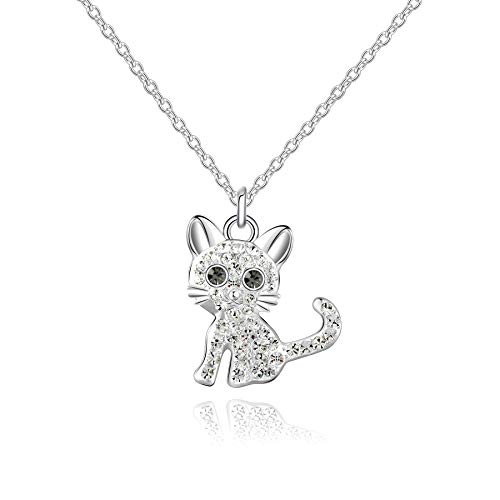 luomart Girls Cat Birthstone Necklaces Jewelry,Silver Plated Kitty Dog Pendant Gifts Set for Women Boys Men (Girls Crystal)