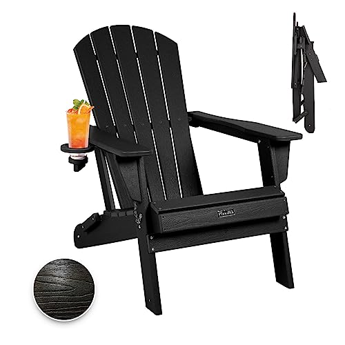 Plawdlik Folding Adirondack Chair, SGS Tested, Wooden Textured with Cup Holder, Heavy All-Weather HDPE Comfortable Set Poolside Backyard Lawn Black
