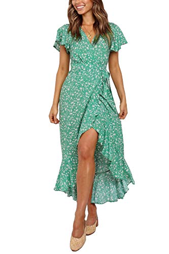 ZESICA Women's Summer Bohemian Floral Printed Wrap V Neck Beach Party Flowy Ruffle Midi Dress,Green,Medium