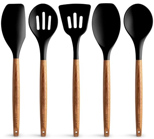 Zulay Kitchen Utensils Set - Non-Stick Silicone Cooking Utensils Set with Authentic Acacia Wood Handles - 5 Piece Silicone Utensil Set - Silicone Kitchen Utensils Set (Black)