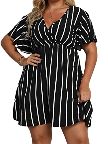 Floerns Women's Plus Size Striped Print Wrap V Neck Short Sleeve A Line Dress Black 3XL