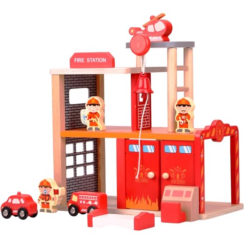 Timfuis Wooden Fire Station Playset, Wooden Dollhouse for Kids,3-Level Pretend Play Toy with Car, Helicopter and Accessories, Preschool Learning Educational Toys for Toddlers Kids Age 3 and up