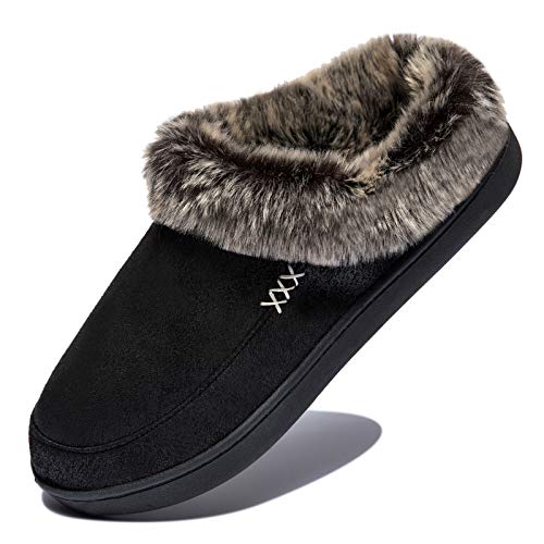 NewDenBer Women's Cozy Memory Foam Slippers Suede Plush Faux Fur Lined Slip on Indoor Outdoor House Shoes (8-8.5 B(M) US, Black)