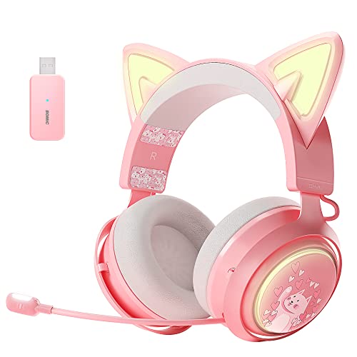 SOMIC GS510 Cat Ear Headset Wireless Gaming Headset for PS5/ PS4/ PC, Pink Headset 2.4G with Retractable Mic, 7.1 Stereo Sound, 8Hrs Playtime, RGB Lighting for Girls (Xbox Only Work in Wired Mode)