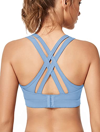 Yvette Women High Impact Sports Bras Criss Cross Back Sexy Running Bra for Plus Size, Blue, M(AC)