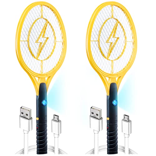 Electric 4000 Volt Fly Swatter [Set of 2] Handheld Bug Zapper Racket for Indoor/Outdoor - Instant Bug & Mosquito Killer with Attractant LED Light - USB Rechargeable Portable Fly Zapper.