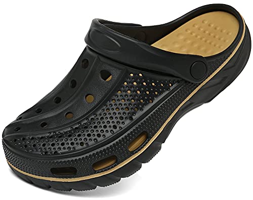 ChayChax Men's and Women's Arch Support Clogs Garden Shoes Slip-on Outdoor Beach Slippers with Removable Cushion Footbed, Black Gold, 8-9 Women/6.5-7.5 Men