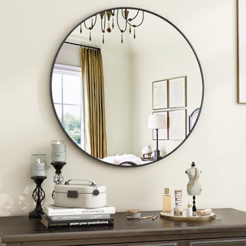 VooBang Black Round Bathroom Mirror, 20 inch Circle Mirror, Round Wall Mirror with Simple Metal Frame, Modern Round Hanging Mirror for Bathroom, Hallway, Livng Room (Black Frame)