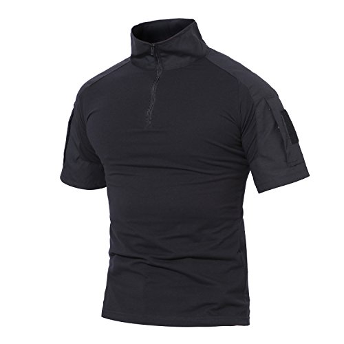 MAGCOMSEN Men's Tactical Camo T-Shirt - Military, Hiking, Fishing - Short Sleeve, Zipper, Black