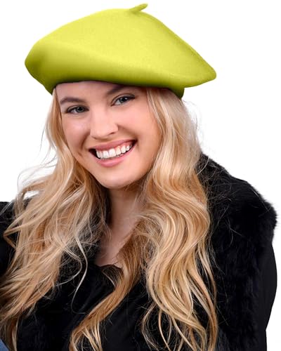 Parquet Solid Color French Wool Beret. Classic French, Casual and Chic Lightweight Lime