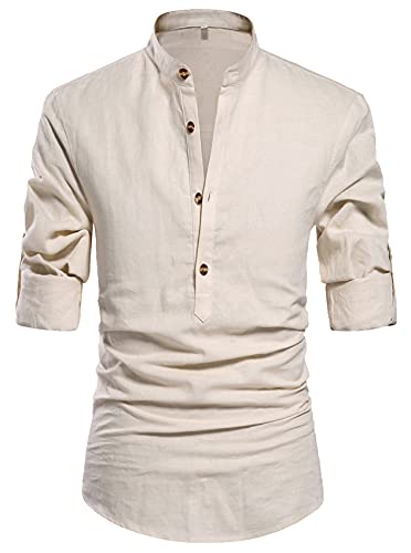 NITAGUT Men Henley Neck Long Sleeve Daily Look Linen Shirts Casual Beach T Shirts Beige-US XL