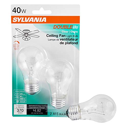 SYLVANIA Double Life Incandescent Light Bulb, A15, 40W, Ceiling Fan Lamp, Medium Base, 370 Lumens, Dimmable, Clear, Soft White - 2 Pack (10034)