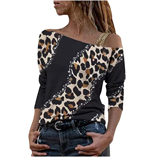 NaRHbrg One Shoulder Long Sleeve Tops Tees for Women Leopard Sequin Printed T Shirt Trendy Casual Sexy Loose Tunic Blouse