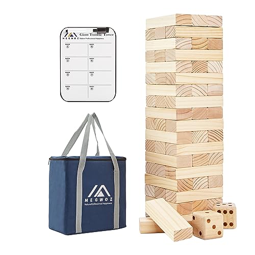 Megwoz Giant Tumble Tower, Stacking Backyard Game Stacking from 2Ft to Over 4.2Ft with 2 Dices|Scoreboard| Carrying Bag, Wooden Block Indoor Outdoor Game for Kids Adult Family- 57 Pieces