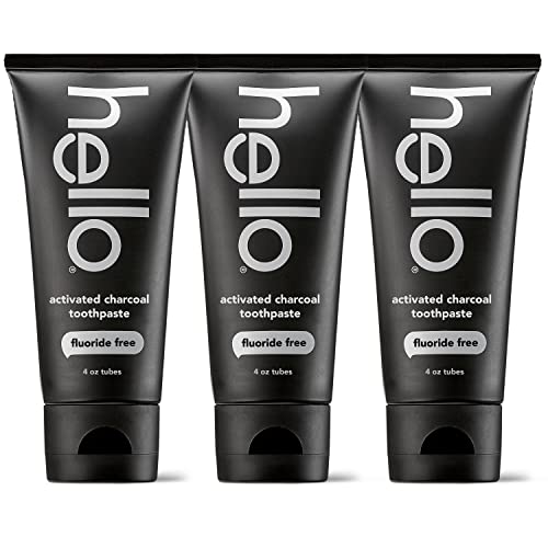 Hello Activated Charcoal Toothpaste, Fluoride Free with Activated Charcoal, Teeth Whitening Toothpaste with Fresh Mint and Coconut Oil, No SLS, Vegan, Gluten Free, 3 Pack, 4 OZ Tubes
