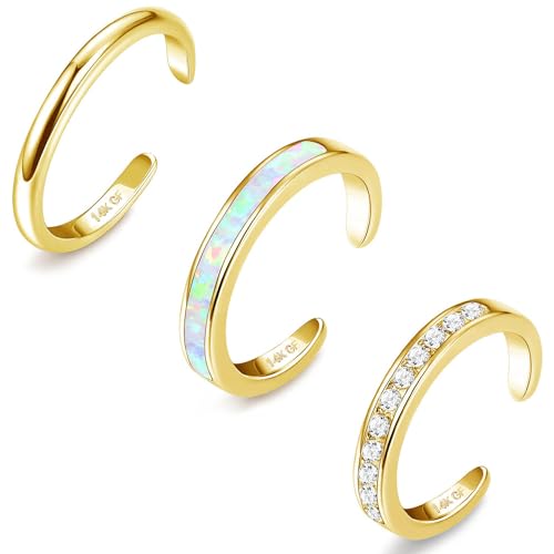 Jstyle 3PCS 14K Gold Filled Toe Rings for Women Adjustable Silver Gold Toe Ring Set Cute Opal CZ Daisy Flower Toe Rings Open Band Hawaiian Beach Summer Foot Jewelry for Women Gold A