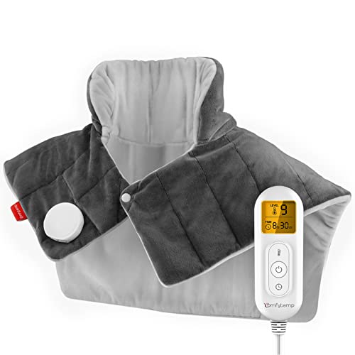Weighted Heating Pad for Neck and Shoulders, Comfytemp 2.6lb Large Electric Heated Neck Shoulder Wrap for Pain Relief - FSA HSA Eligible, 9 Heat Settings, 11 Auto-Off, Stay on, Backlight 19'x23' Gray