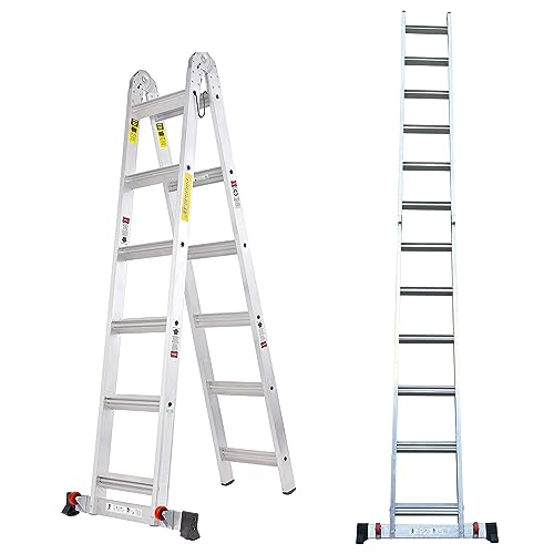 TOPRUNG 12Ft Extension Step Ladder Lightweight, 2in1 Aluminum Storage Folding Ladder with Wheels 330 lbs Weight Rating Anti-Slip for Household and Outdoor Work