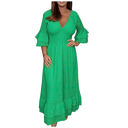 oelaio Vacation Dresses for Women Sexy V Neck Flare Sleeve Dresses Casual Loose Fit Elegant Ladies Plus Size Long Dress,Green,Large