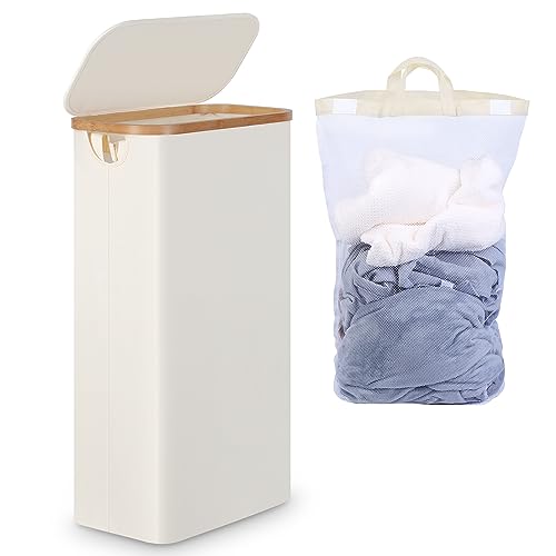 efluky Slim Laundry Hamper with Lid, Narrow Laundry Hamper with Removable Bags, Collapsible Dirty Clothes Basket with Handles for Bathroom, Bedroom & Laundry Room, 63L Beige