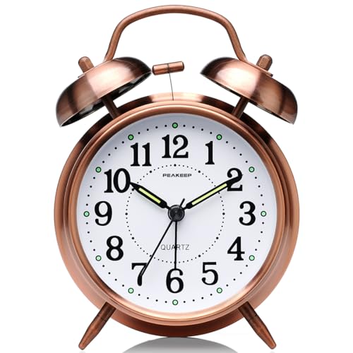 Peakeep Loud Analog Alarm Clock for Heavy Sleepers, Vintage 4-Inch Twin Bell Old School Fashioned Wind Up Alarm Clock with Battery Operated for Bedrooms