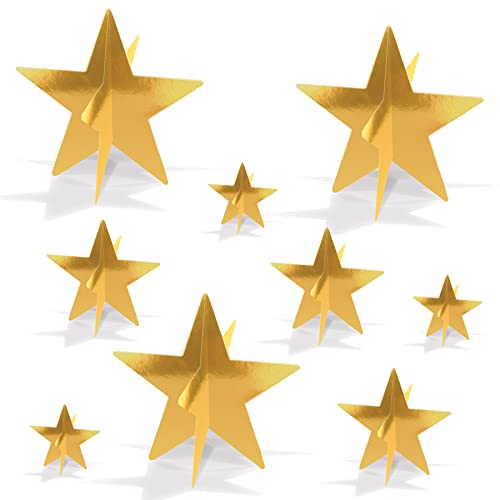 Beistle 3-D Foil Gold Star Centerpieces in 3 Sizes, Set of 9 - Space Themed, Awards Night Table Decor, Classroom Parties