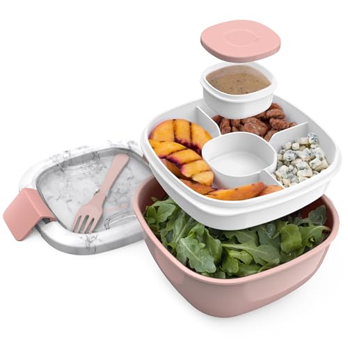 Bentgo All-in-One Salad Container - Large Salad Bowl, Bento Box Tray, Leak-Proof Sauce Container, Airtight Lid, & Fork for Healthy Adult Lunches; BPA-Free & Dishwasher/Microwave Safe (Blush Marble)
