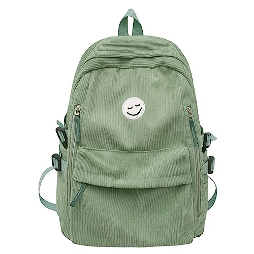 JHTPSLR Preppy Backpack Smiley Face Corduroy Backpack Cute Academia Aesthetic Backpack Autumn Corduroy Backpack Solid Book Bags (Sage Green)