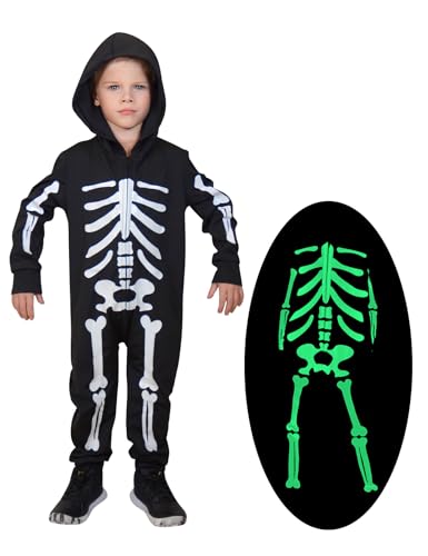 Enlifety 3T 4T Toddler Boys Glow In The Dark Skeleton Clothes Girls Scary White Skull Bone Print Jumpsuit with Hood for Halloween Cosplay Party Holiday
