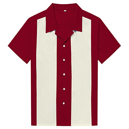 Anchor MSJ Men's 50s Male Clothing Rockabilly Style Casual Cotton Blouse Mens Fifties Bowling Dress Shirts (L, Maroon)
