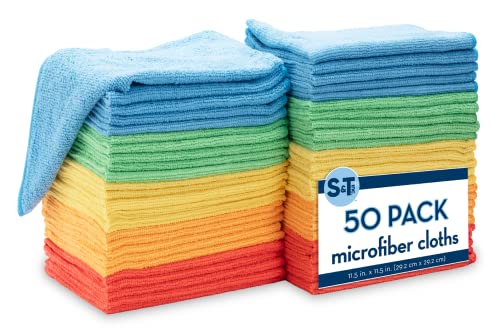 S&T INC. 50 Pack Microfiber Cleaning Cloth, Bulk Microfiber Towel for Home, Reusable and Lint Free Cloth Towels for Car, Assorted Colors, 11.5 Inch x 11.5 Inch, 50 Count