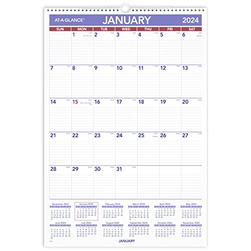 AT-A-GLANCE 2024 Wall Calendar, 15-1/2' x 22-3/4', Large, Spiral Bound, Monthly (PM32824)