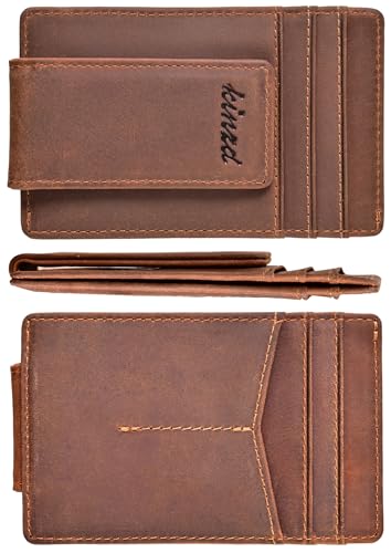kinzd Money Clip Crazy Horse Leather Slim Minimalist Wallet for Men RFID Blocking Strong Magnet Money Clips Front Pocket Wallet