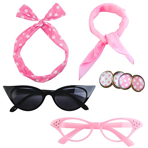 Aneco 6 Pack 50s Costume Set Chiffon Scarf Cat Eye Glasses Bandana Tie Headband Earrings for Women Accessories¡­