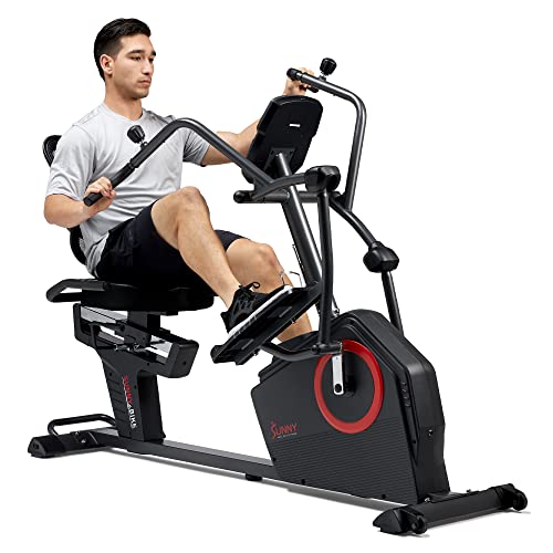 Sunny Health & Fitness Electromagnetic Recumbent Cross Trainer Exercise Elliptical Bike w/Arm Exercisers, Easy Access Seat & Exclusive SunnyFit App Enhanced Bluetooth Connectivity - SF-RBE4886SMART