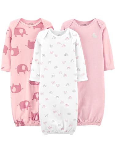 Simple Joys by Carter's Baby Girls' Cotton Sleeper Gown, Pack of 3, Light Pink Bunny/White Rainbow/Elephants, Newborn