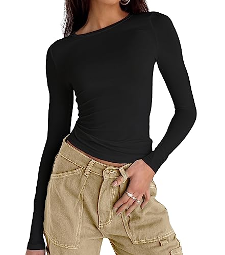 Abardsion Women's Casual Basic Going Out Crop Tops Slim Fit Long Sleeve Crew Neck Tight T Shirts (Black, M)
