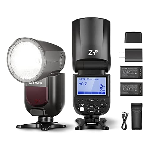NEEWER Z1-N TTL Round Head Speedlite Flash Kit for Nikon Camera, 76Ws 2.4G 1/8000s HSS Speedlight with Modeling Lamp, Two 2600mAh Lithium Battery and USB Charger, 480 Full Power Shots, 1.5s Recycling