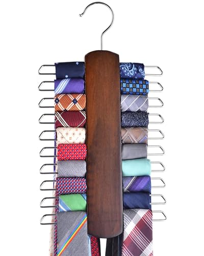 Umo Lorenzo Premium Wooden Necktie and Belt Hanger, Walnut Wood Center Organizer and Storage Rack with a Non-Slip Finish - 20 Hooks (Wooden)…