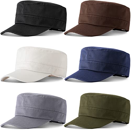 6 Pieces Military Style Hat Cadet Army Cap Fitte d Basic Army Hat Vintage Military Cap Adjustable Costume Cotton Twill Flat Top Hats for Men Women Teens, Solid Color