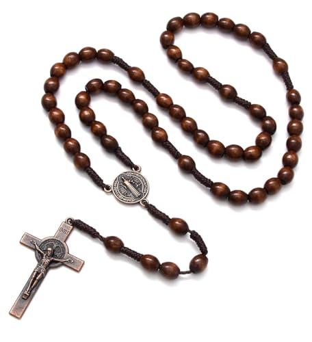 KOMI Handmade Wooden Catholic Rosaries, Rosary Beads Necklace From Bethlehem Olive Wood Christian Prayer Holy Soil Medal & Metal Cross For Catholic Or Christian Gift