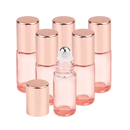 Wresty 1/6 Oz Pink Glass Roller Bottles,6 Pack 5ml Roll On Bottles With Rose Gold Lids Roller Ball Bottles For Essential Oils Perfume Cosmetic Liquid